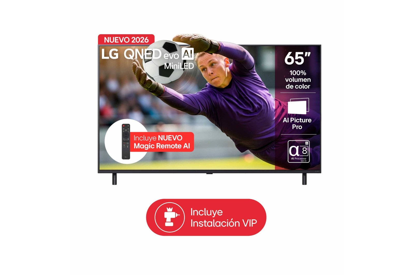 Vista frontal de TV LG 65" QNED evo AI 4K – Color intenso en gran formato 65QNED85BSG